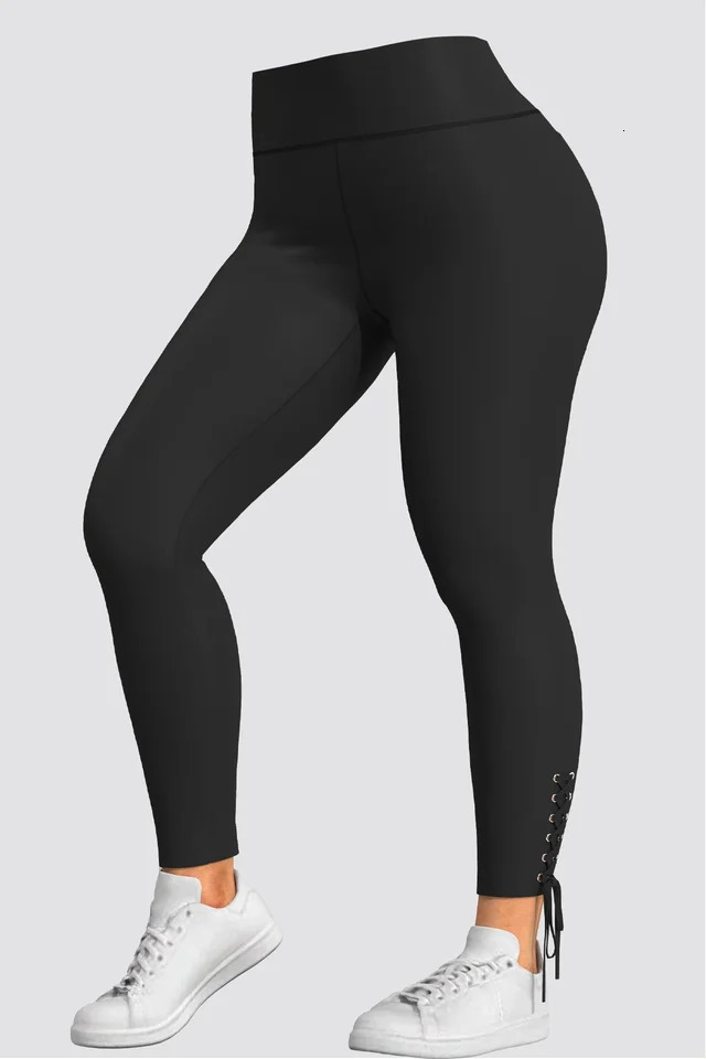 Plus Size Black Casual Leggings Pants with Lace Up Waist Clre Womens Slim TightFitting Elastic High Pencil Pant 250304