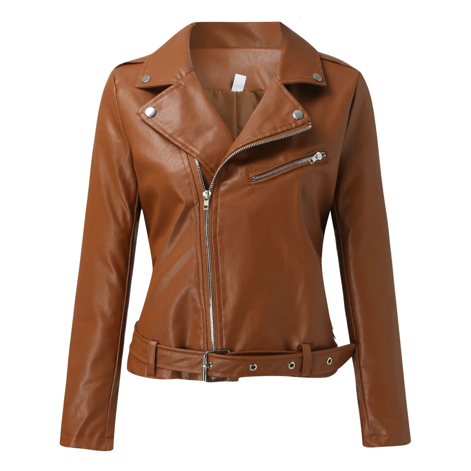 Womens casual autumn jacket womens Plus size fashionable synthetic leather long sleeved zipper fit family 250226