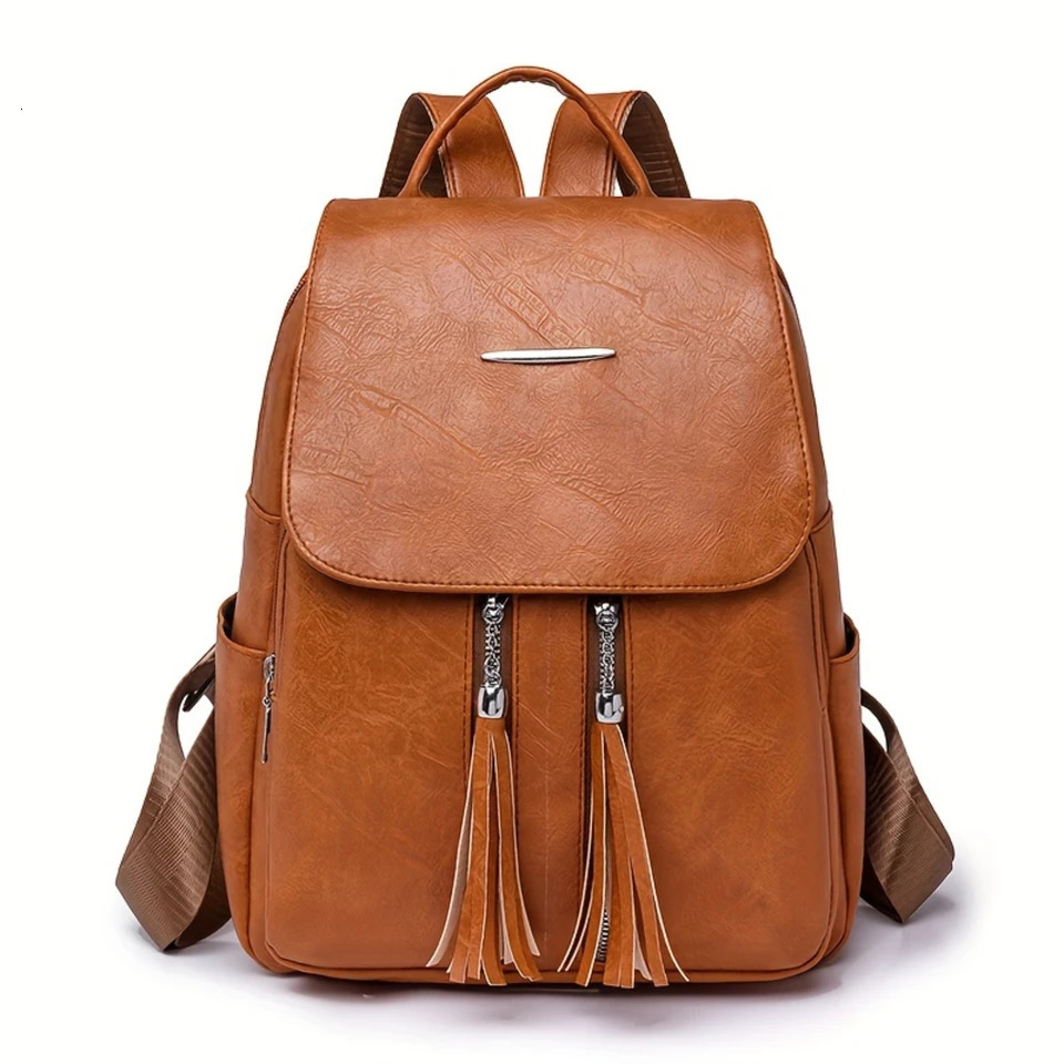 Ship from US 1 fashionable casual backpack soft PU leather large capacity tassel 250304FBB