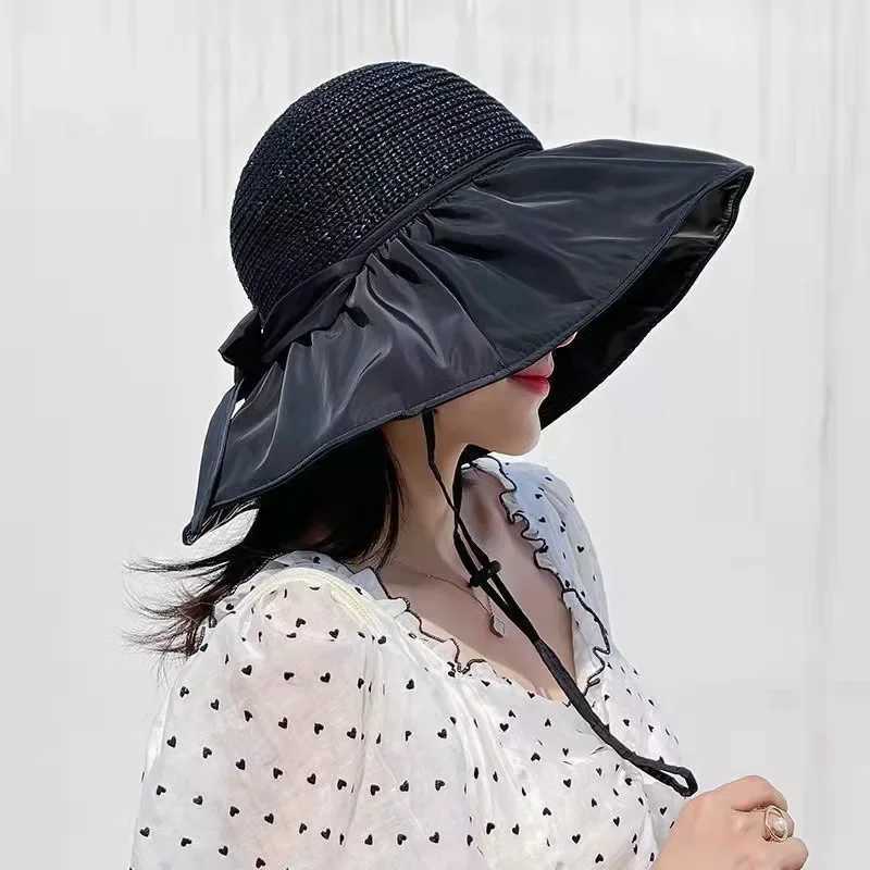 Metal Label Bow Knit Sun Hat Big Brim Breathable UV Protection Visor Cs For Women Men Summer Travel Sport Hiking Beach HatXJ250304