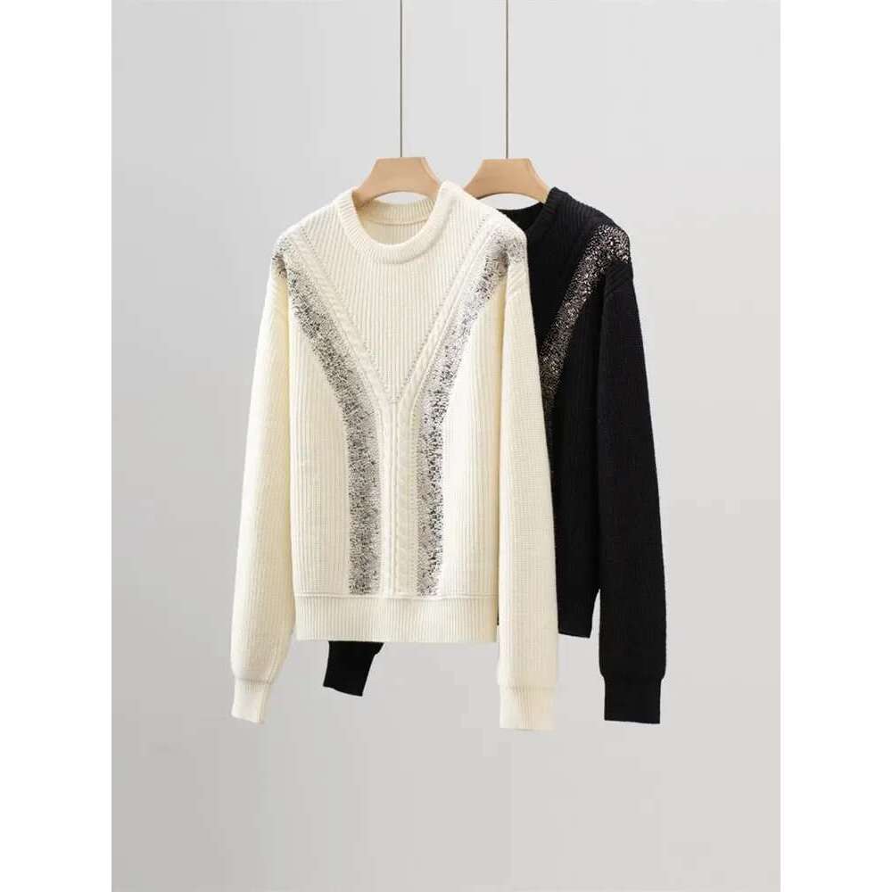 Women Rhie Decoration Sweater 100% Wool Round Neck Fashion 2 Colors Female Long Sleeve Jumper 2025 Autumn Winter