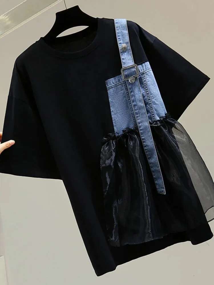 Spring Summer New Design Fashion Short Sleeve O-Neck T-Shirt Women's Denim Patchwork All-Match Black White Lades Tops