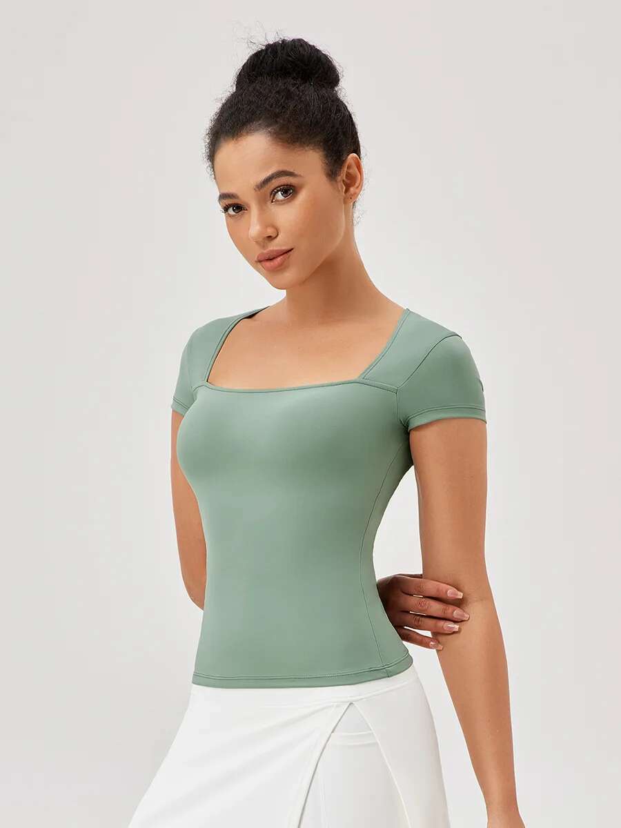 Women's Necke Sports Short-Sleeved Slimming Tight Quick Dry Running Fiess T-Shirt Naked Feeg Breathable Yoga Clothing
