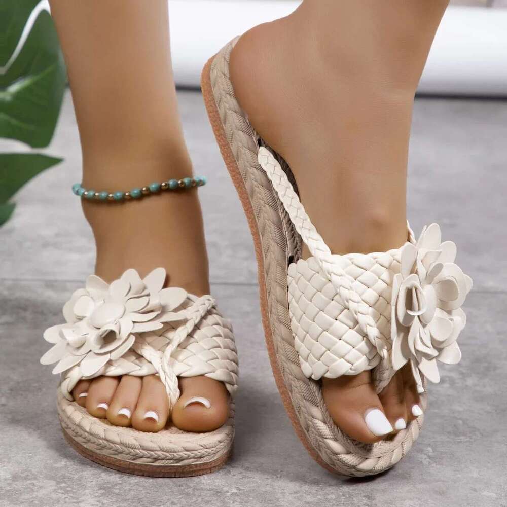 Braided Summer ral Flat Slippers Classics Solid PU Leather Women Non Slip Flip ps Soft Comfortable Beach Sandals Femme