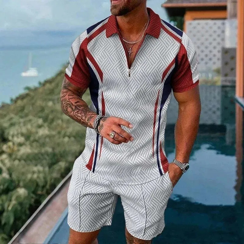 Summer Mens Suit Trend 3D Printing Zipper Polo Shirt Shorts Two Piece Set Soft Fashion Casual Men Clothing Tracksuit Set 250304