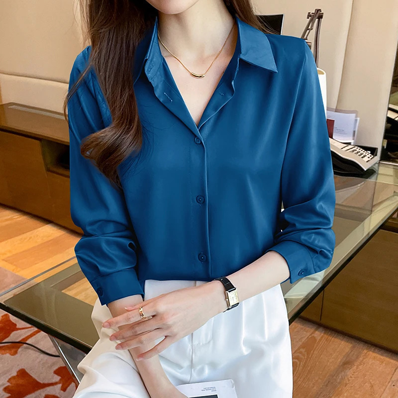 elegant satin shirts solid color ladies shirts fashion causal Womens Blouses Long Sleeve Shirts Tops Blusas Mujer 250303