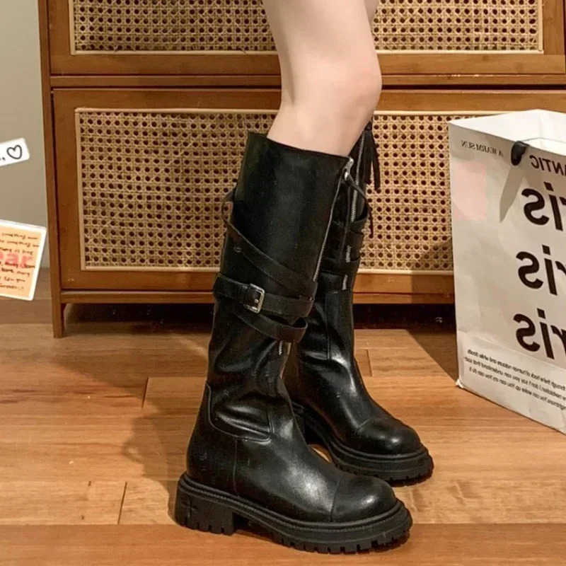 Wen Fion Metal Decor Motorcycle Boots Wen PU Leather Platform Ankle Boots Vintage Autumn Non Slip Belt Buckle Botas Mujer Z250304