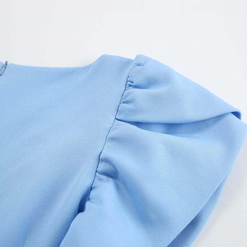 Elegant Lantern sleeves Solid Blue Dress for Women Summer Slim Midi Dress Female Office Lady High Street Party Club Vestidos Fem 250303