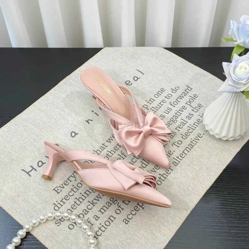 Fairy Style Cool Slippers for Wens Summer 2024 French Pointed Bow Hollow High H Half Wrapped Wens Slippers Z250304