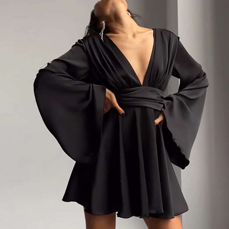 Winter Elegant Satin V-Neck Party Waist Solid Mini Club Dress Women High Street Flare Sleeve Princess Dresses