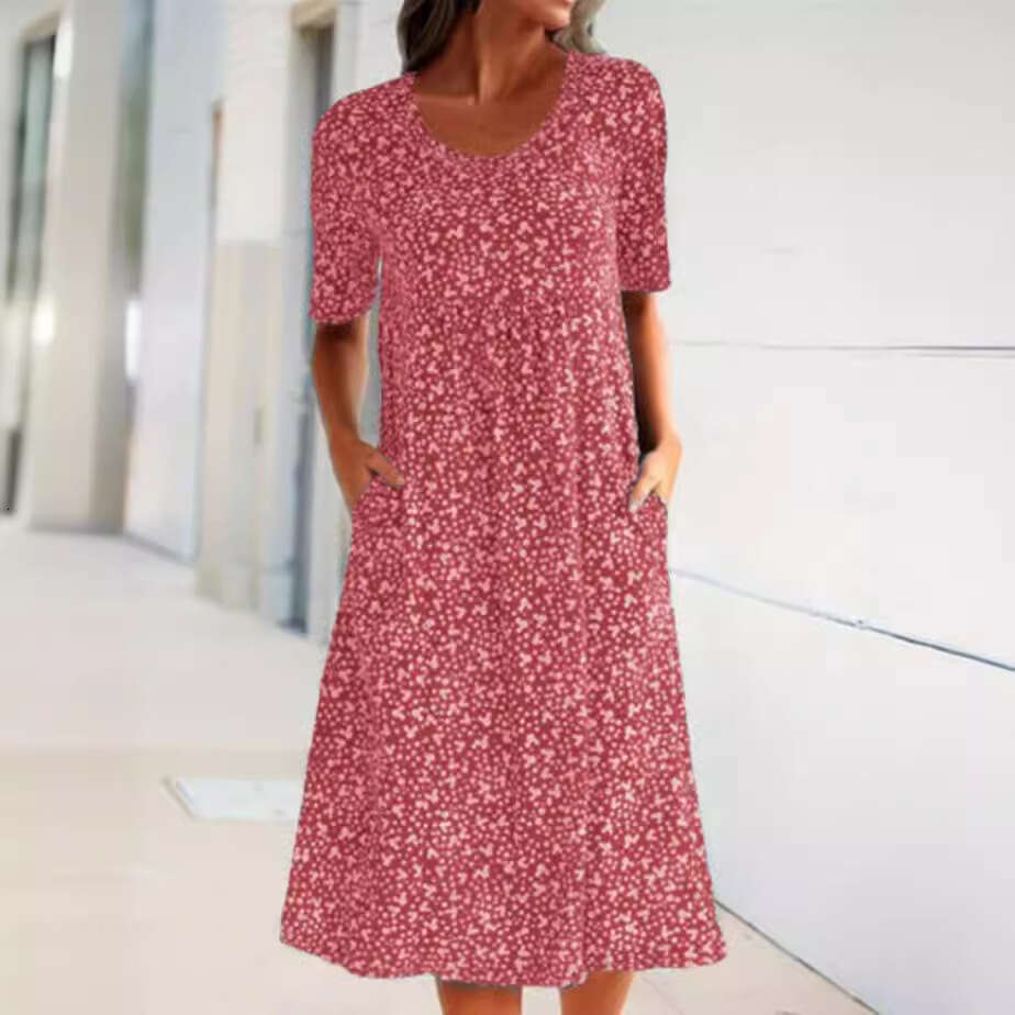 popular European and American French vacation style round neck short sleeved ral mid length dress 2025 new casual fashion trend clothing