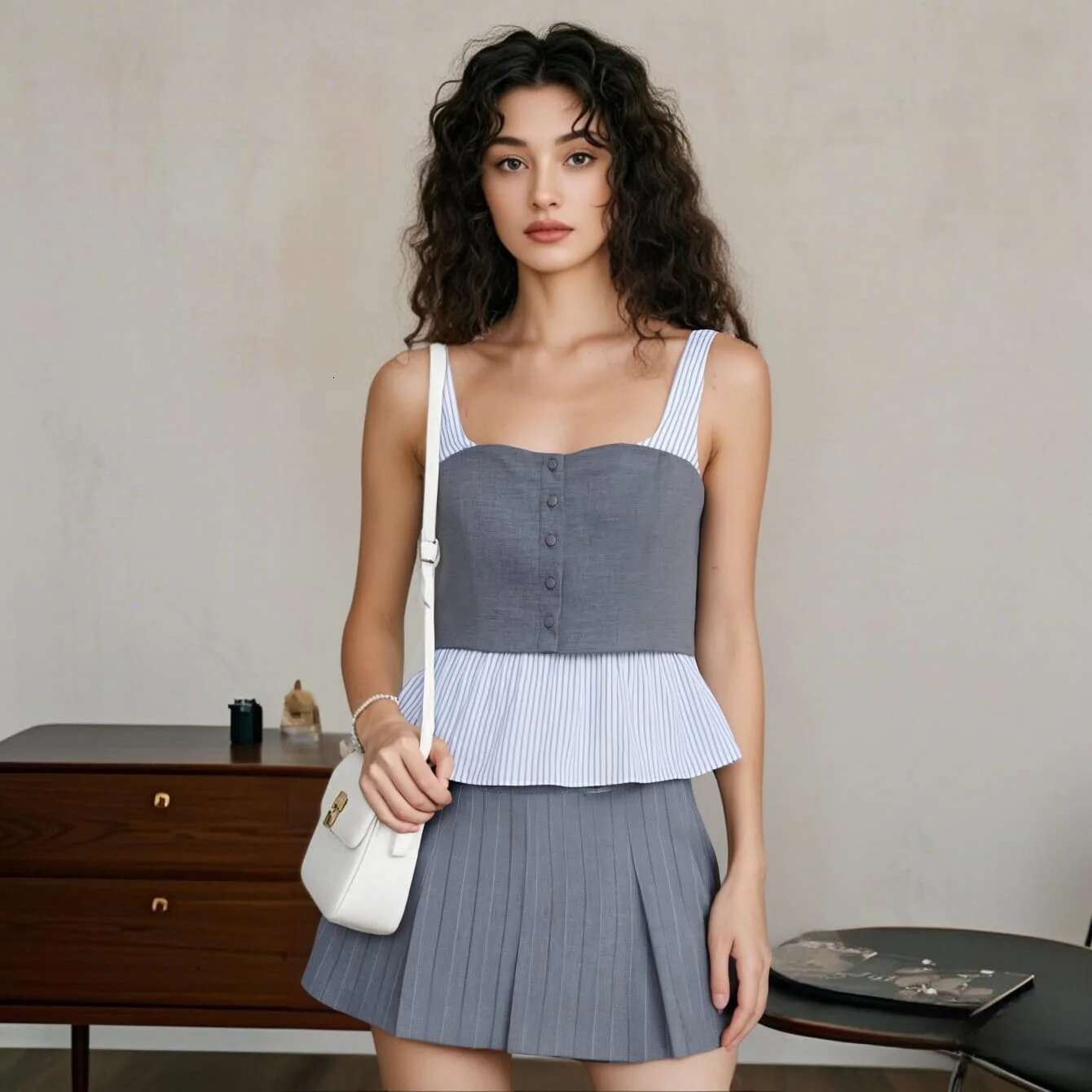 2025 Taop&Za2025 Spring New Gray Series Striped Splicing Strap Top High Waist Mini Skirt Set