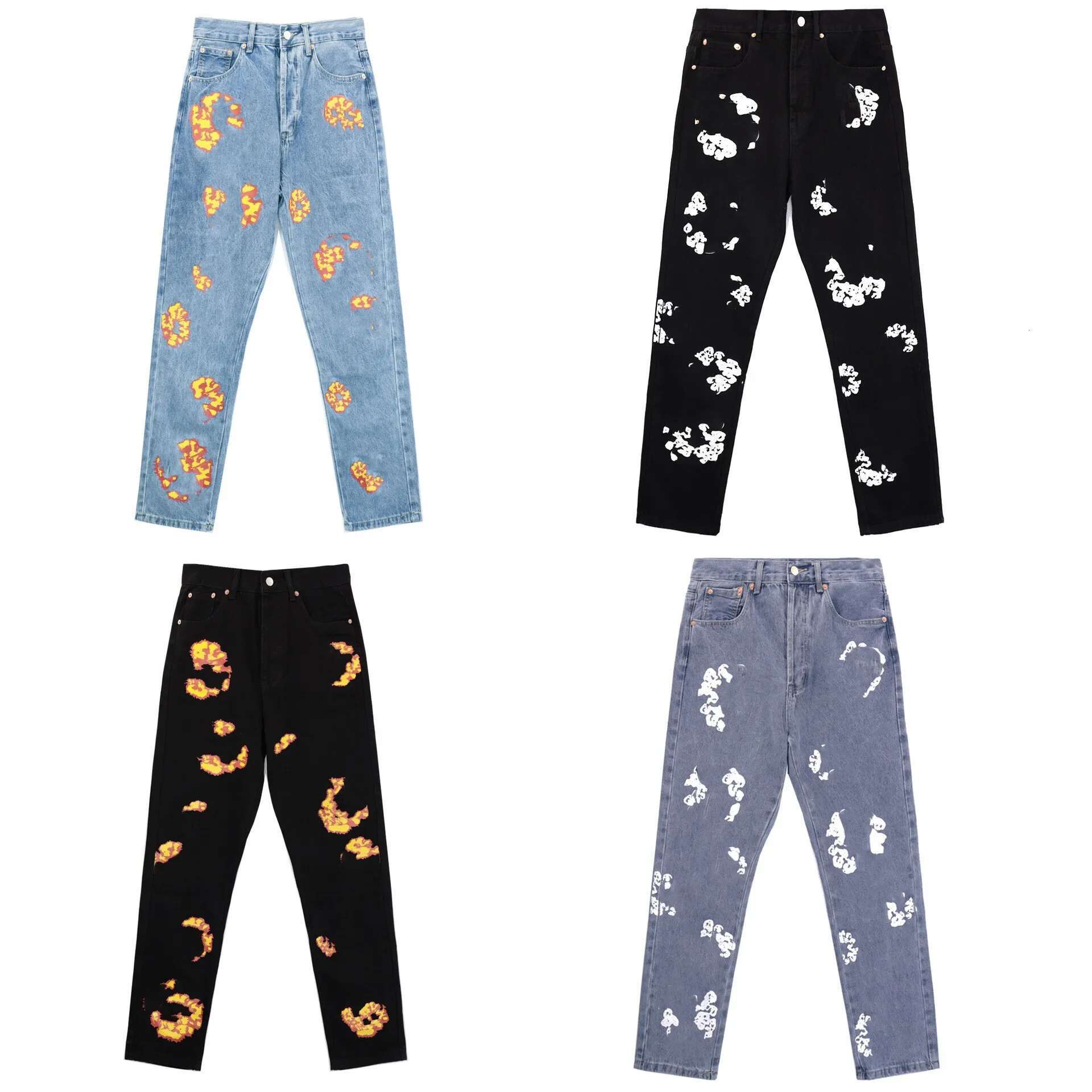 Trendy Wood Cotton Printed Casual Jeans For Men And Women American Straight-Leg Denim Pants Hip Hop Style From China
