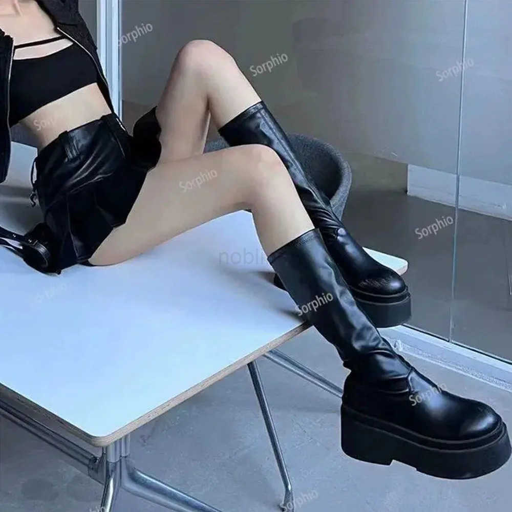 Platform Boots For Wen Knee High Med Calf Chunky Heel Fion Girls Shoes 2022 Autumn Summer Boots Slip On Brand New Goth Z250304