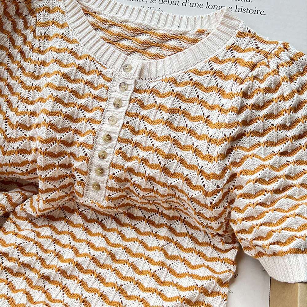 Stripe Hollow Out Knitting Women T-Shirt Summer O-Neck Short Sleeve Lady Pullover Casual Vintage Femme Top 2025