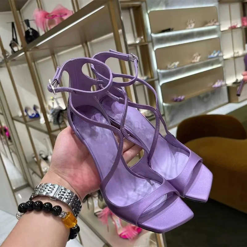 Star style Purple Satin Wen Sandals Sexy Narrow Band Ankle Strap Stiletto High h Gladiator Sandalias Summer Banquet Shoes Z250304