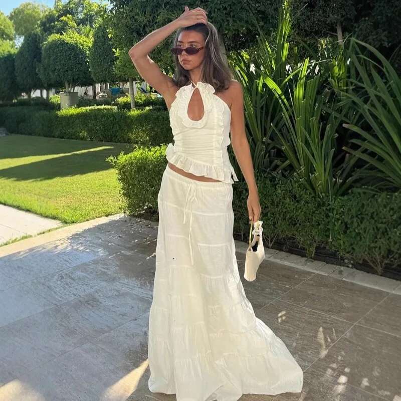 Tuularose Summer Long Women's Fashion Hollow Hanging Neck Tie Vest A-E White Sexy Holiday Party Skirt Set