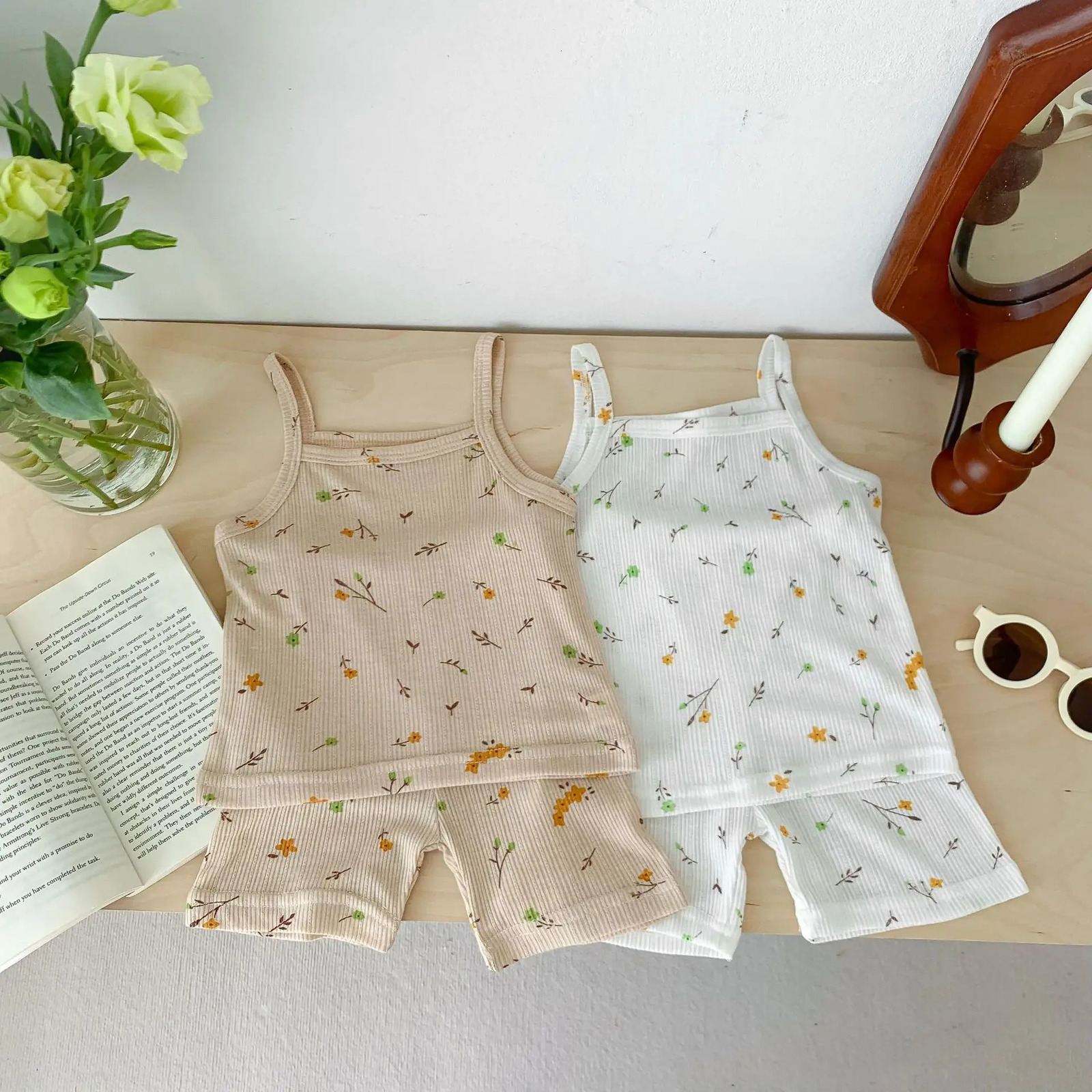 Summer Korean Infant Baby Girl 2PCS Clothes Set Cotton Floral Sling Top Thin Shorts Suit Toddler Casual Clothing 250303