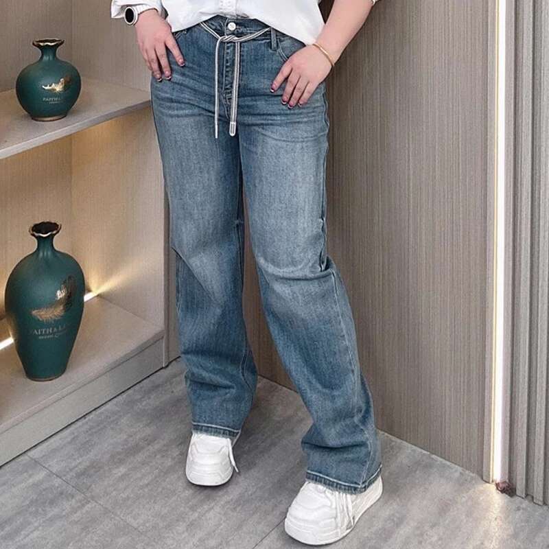 Women's Plus Size High Waist Drawstring Wide Jeans 2025 Spring Fall Premium Slimming Narrow Straight Leg Casual Pants