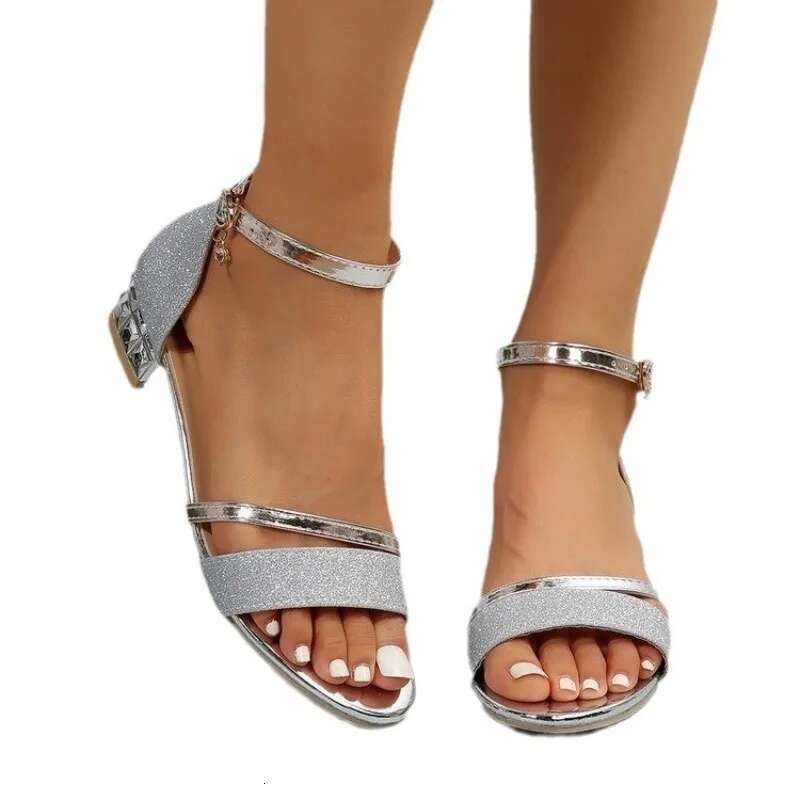 Sier Block Gold Low Heel Roman Sandals Party Weddings Pointed Toe Chic Elegant Woman Shoe Ladies Designer Sexy Evening