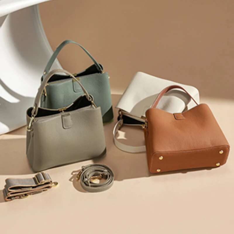 Cowhide Genuine Leather Bucket Small Shoulder Crossbody For Women Designer Wide Strap Tote Ladies Handbags