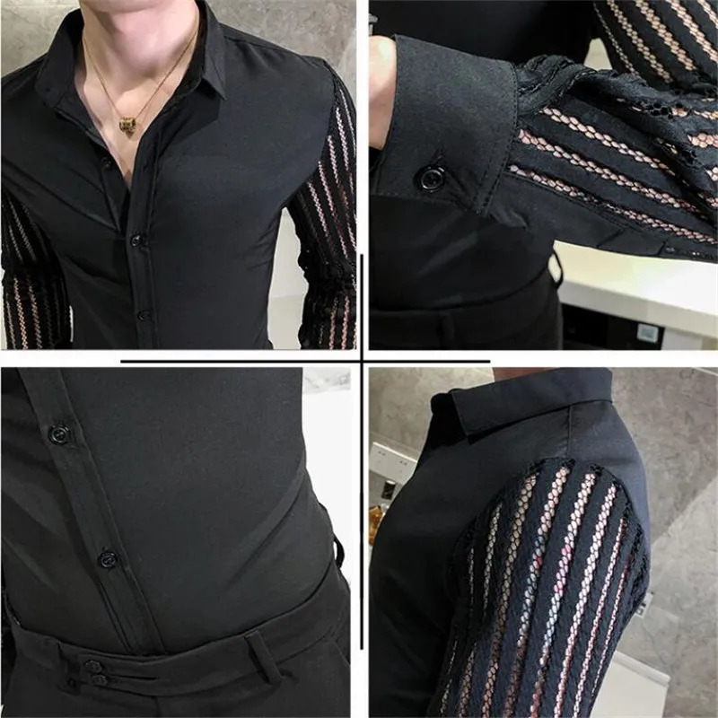 Men Lace Perspective Shirt Party Prom Hollow Lace Patchwork Long Sleeve Tuxedo Shirt Nightclub Casual Social Shirt 250304