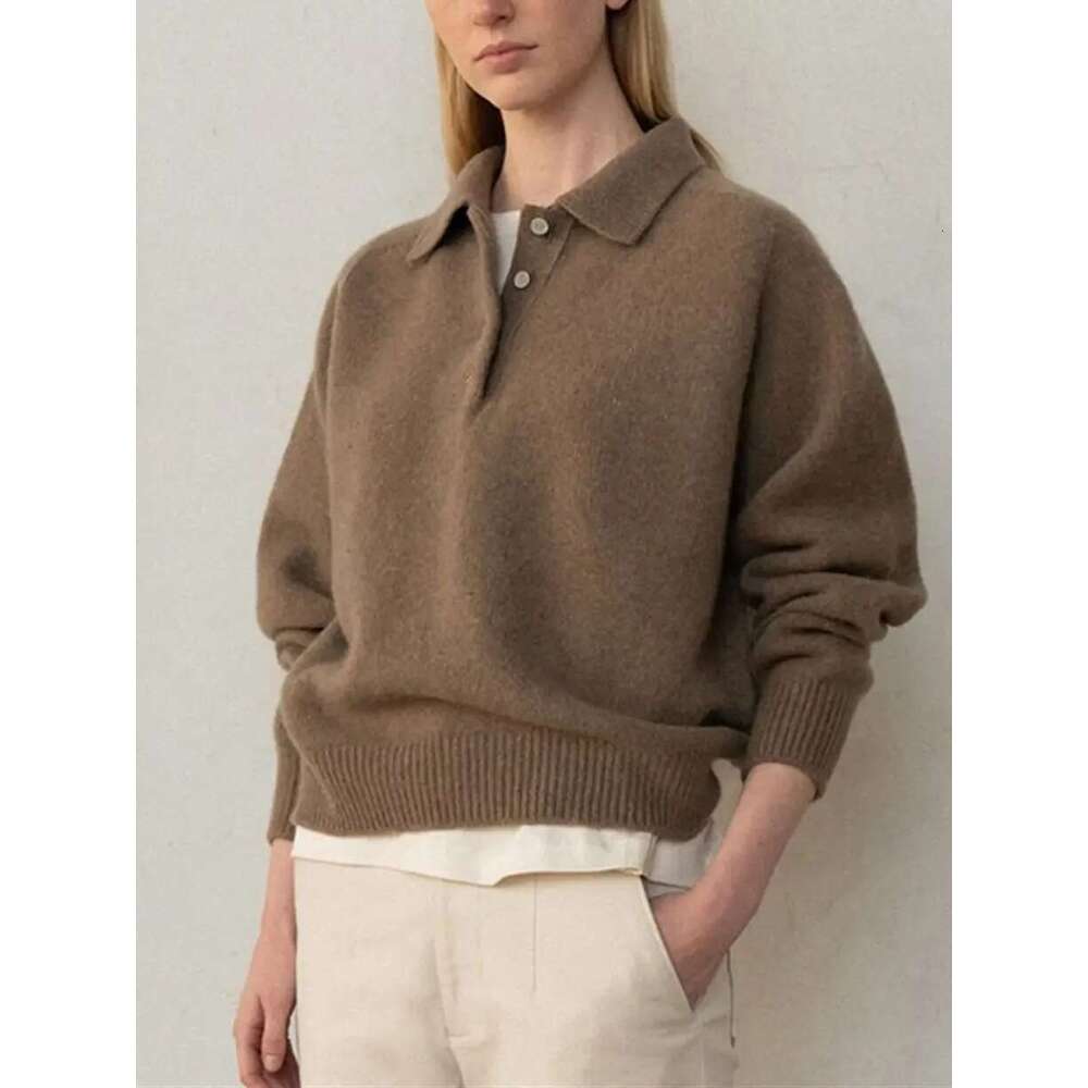 Women Half Open Buttons Turn-Down Collar Knit Sweater Autumn Winter Long Sleeve Solid Color Pullover Top Female Knitwears