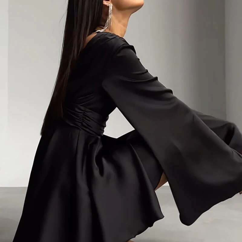 Winter Elegant Satin V-Neck Party Waist Solid Mini Club Dress Women High Street Flare Sleeve Princess Dresses