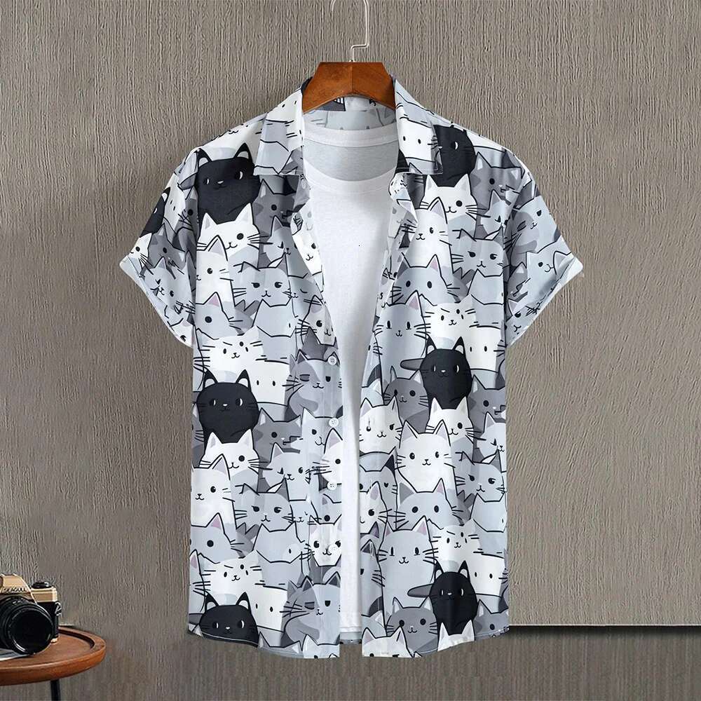 2025 Fun Cartoon Cat Printed Button Casual Street Designer Collar Shirt Top Fashionable Men's Breathable And Comfortable Short Sleeve Shirt Cloth