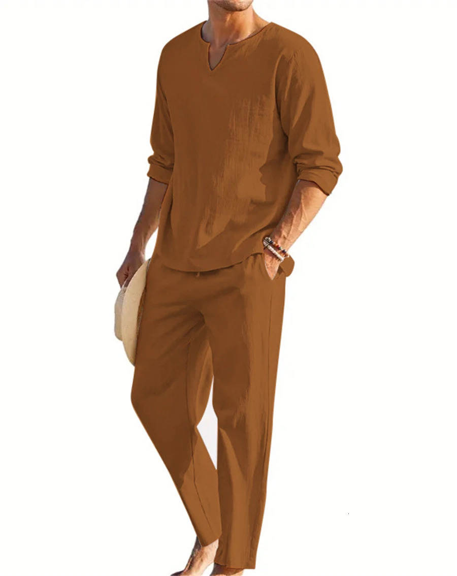 Spring and autumn explosive mens Solid color Vneck shirt pants trend casual sports fashion suit 250227
