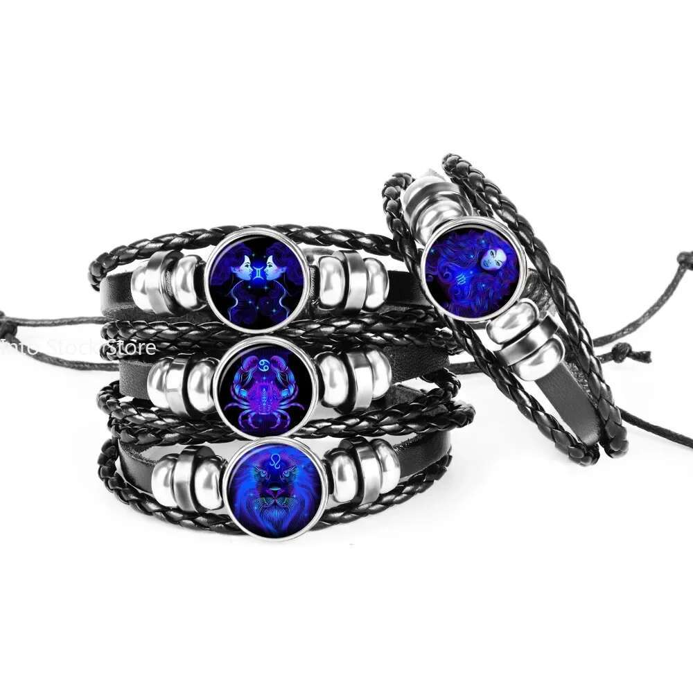 12 Constellation Zodiac Sign Black Braided Leather Cancer Leo Virgo Libra Woven Glass Dome Jewelry Punk Men Bracelet