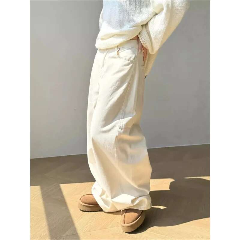 Off White Women Y2k Hip Hop Vintage High Waisted Jeans Straight Streetwear Casual Loose Large Size Wide Leg Denim Pants