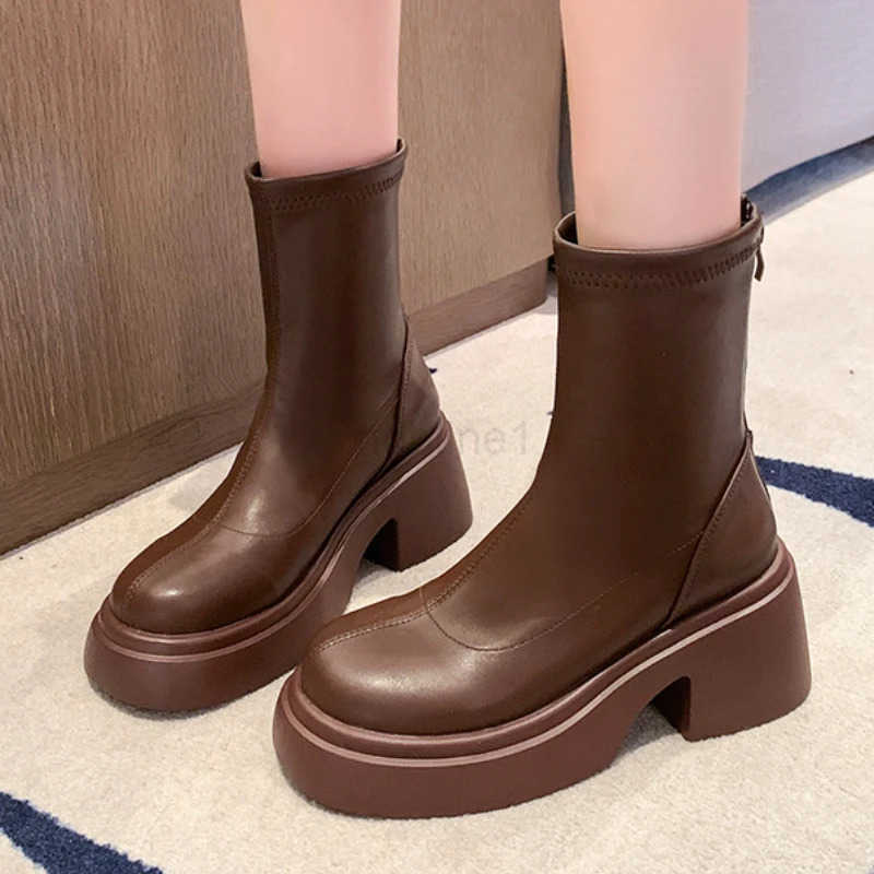 Ladies Shoes on S High Quality Zipper Wens Boots Autumn Round Toe Solid Short Barrel Platform Chunky H Fion Boots Z250304
