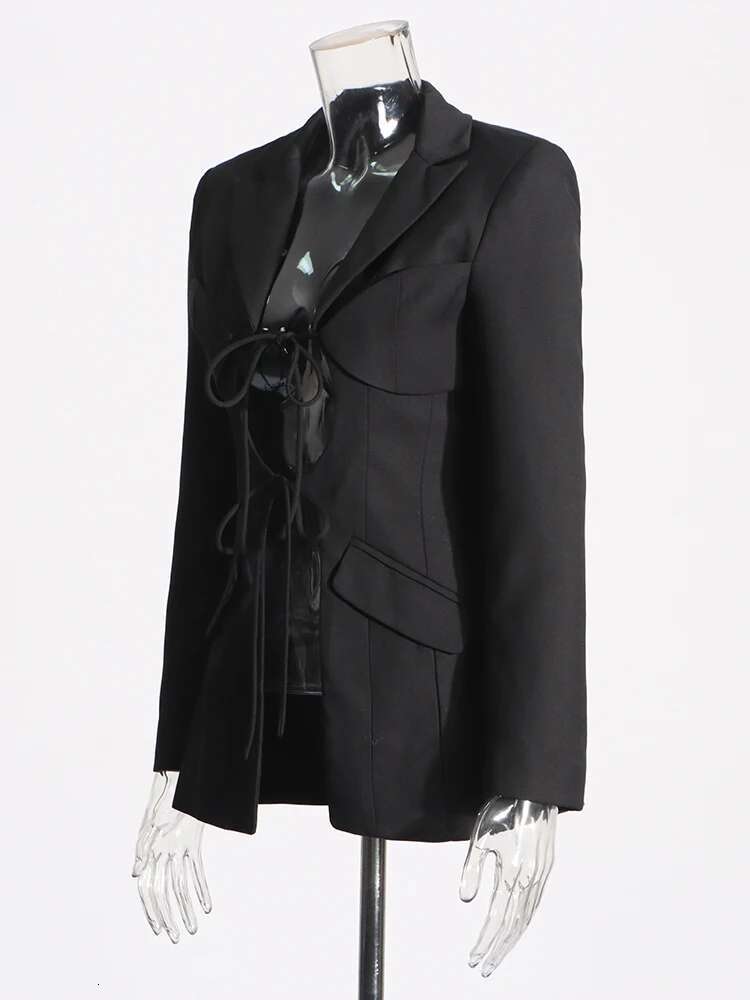 Solid Hollow Out Patchwork Lace Up Blazer For Women Notched Collar Long Sleeve Spliced Pocket Chic Blazers Female
