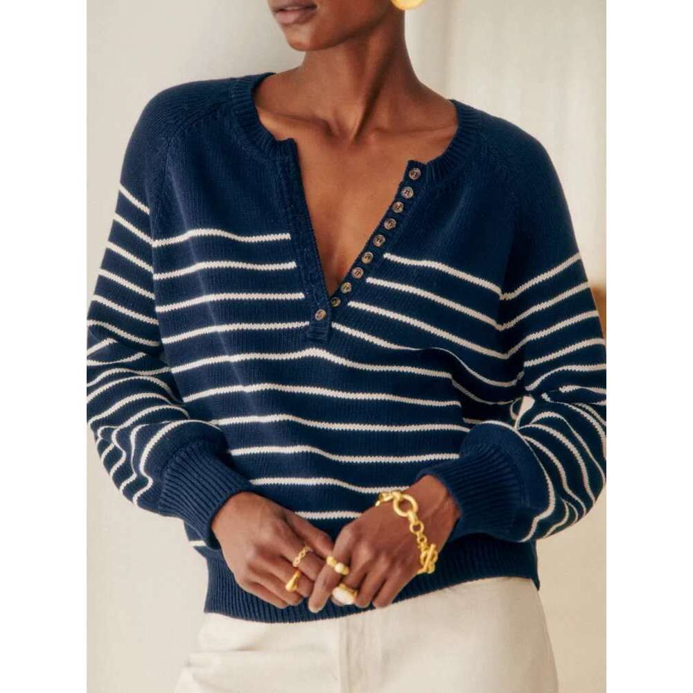 Women Striped Sweater Single Breasted Round Neck Cotton Half Open Collar Buttons 2025 Spring Female Long Sleeve Retro Pullover