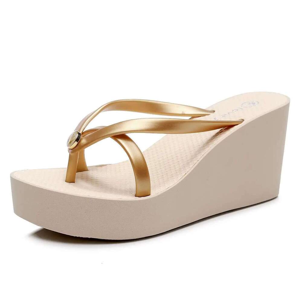 Flip-ps Women's Summer Slope Heel Height 8cm French Fashion High-End Beach Resort Swimming Pool Bathroom Anti-Skid Slippers