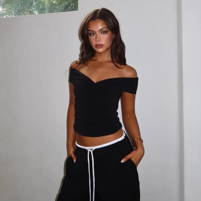Lygens Off The Shoulder Knotted Cross WomenS Tops Tshirt Summer Y2K Streetwear Fashion Clothes Korean Wholesale Clothes 250303