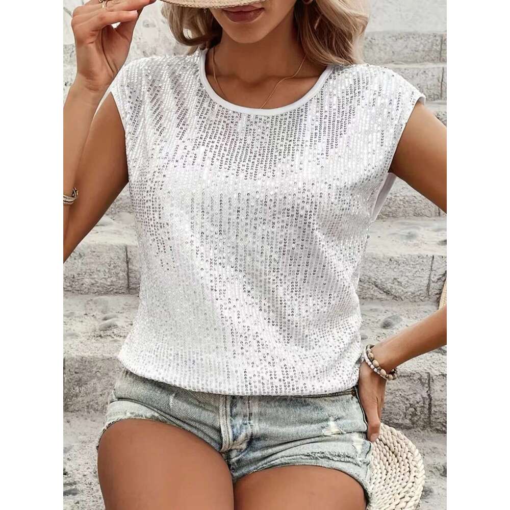 New style loose fitting casual fashion party round neck sleeveless top women's sequin T-shirt