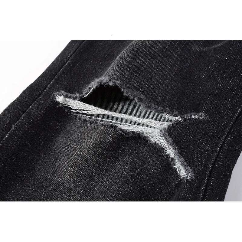 Americans High Street Style Distressed Classical Black Skinny Button Fly Destroyed Holes Slim Fit Graffiti Ripped Jeans