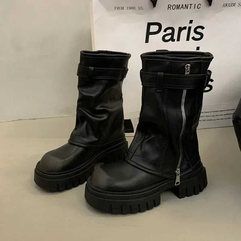 Autumn Winter Wen Mid-Calf Boots Belt Buckle Boots Punk Zipper Boots Fold Motorcycle Boot Platform Boot Botas Para Mujer Z250304