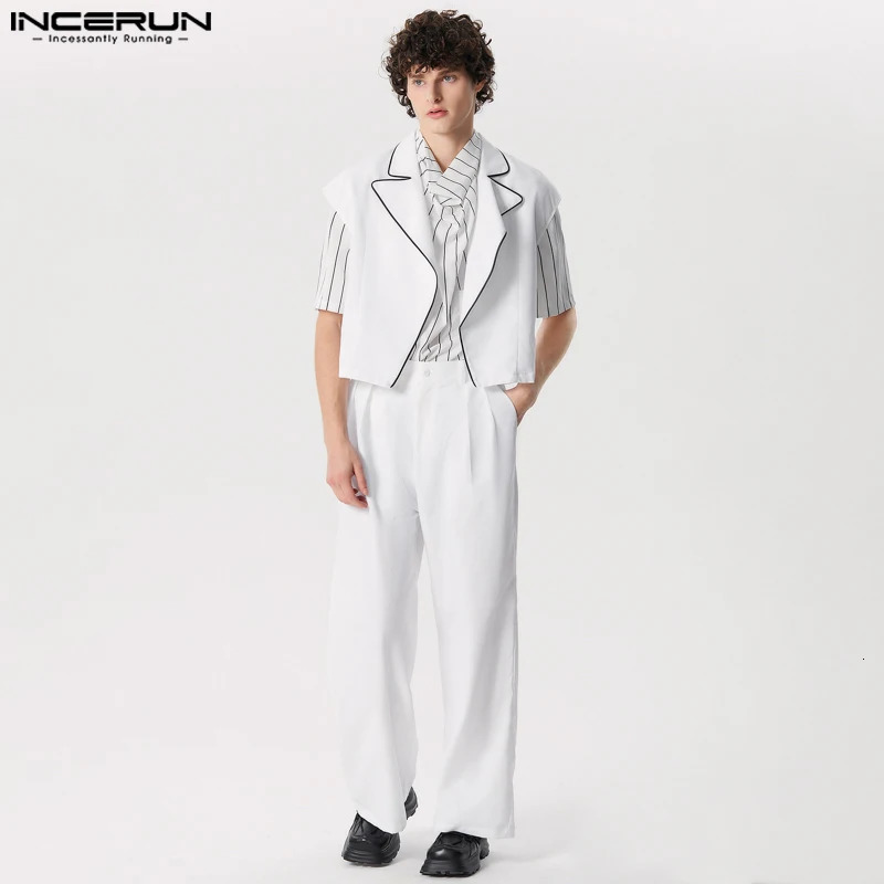 INCERUN Men Sets Solid Color Streetwear Lapel Sleeveless Vests Straight Pants 2PCS Summer Fashion Men Casual Suits S-5XL 250303