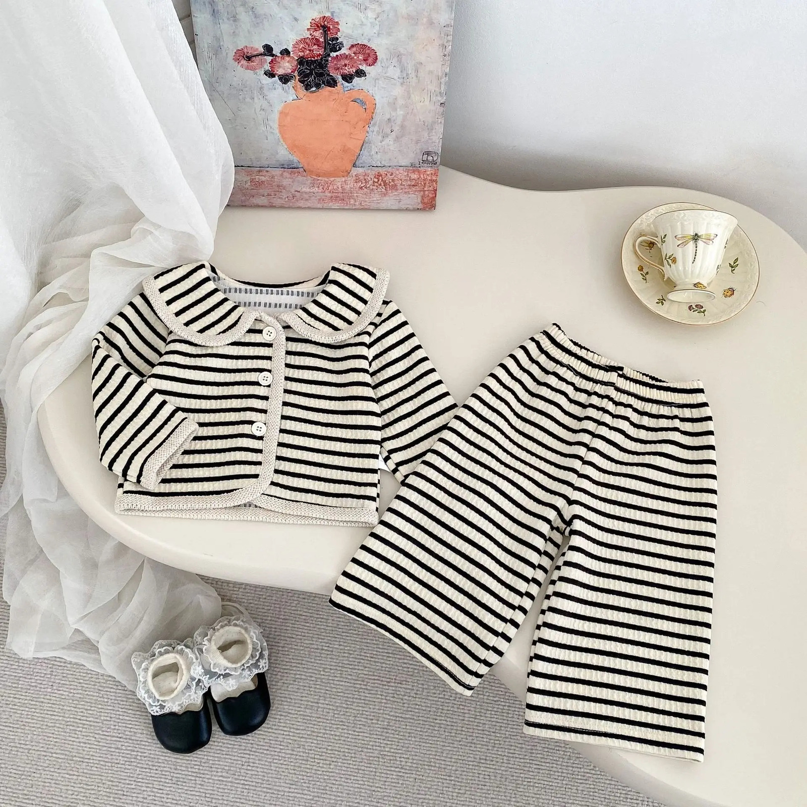 4251 Baby Clothing Set Spring Girls Striped Suit Long-sleeved CoatWide-leg Pant Girls Two-piece Suit. 250304