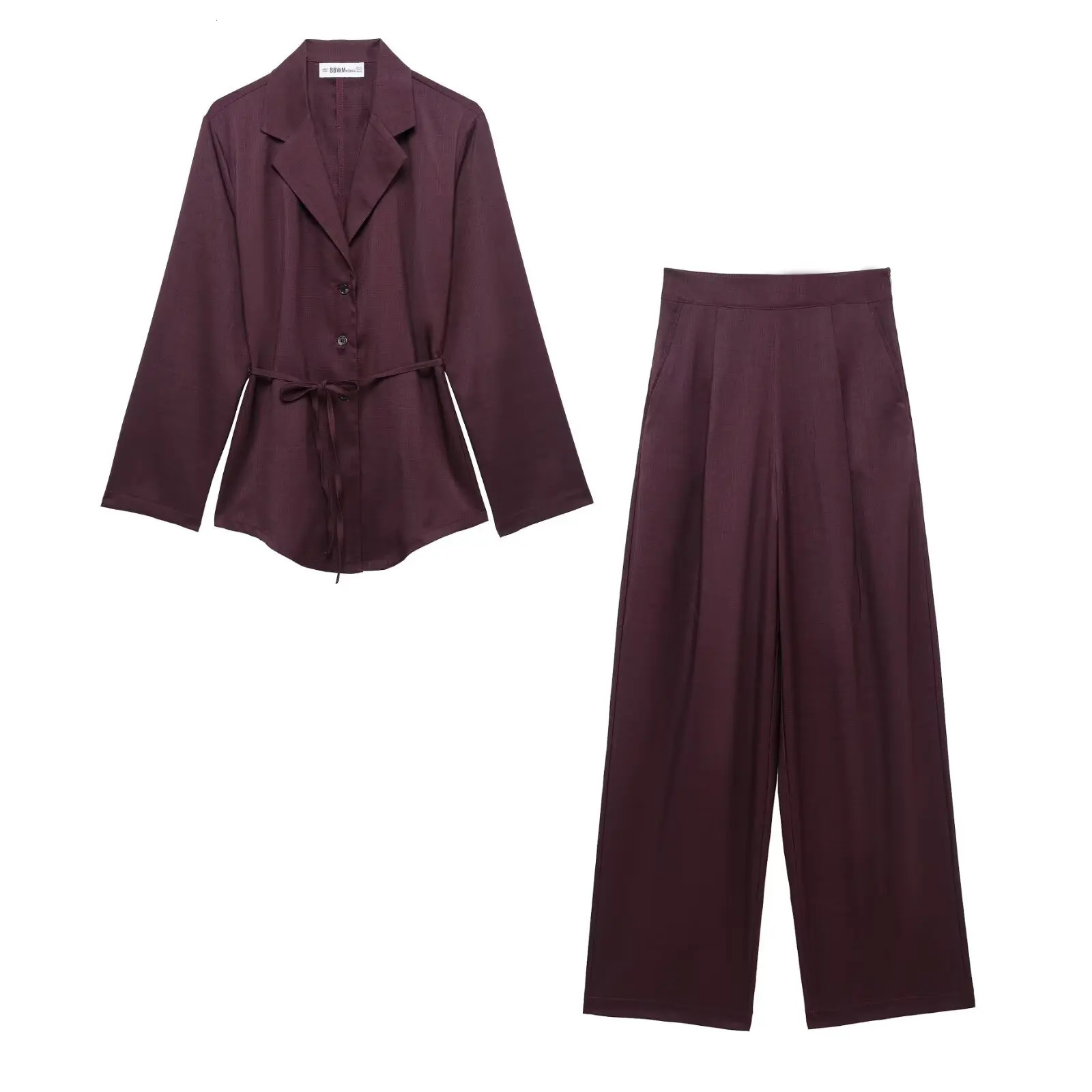 TRAF Women Suit Pants Set Spring 2 Piece Loose Belt Button Casual Blazer Wide Leg Pleated Trousers Female 250225