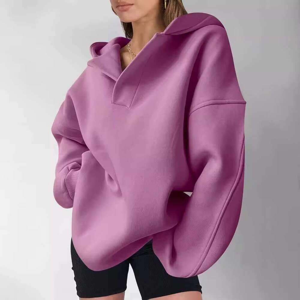New Autumn Winter Women's Sportswear Veet Hooded Casual Loose Solid Color Hoodies V Neck Long Sleeve Sweatshirt