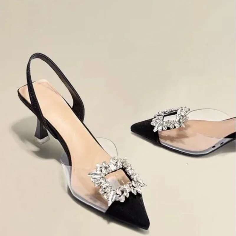 Shoes Women Single Designer Brand Woman Pointed Toe Heel Square Buckle Rhies Transparent Splicing High Heeled Sandals