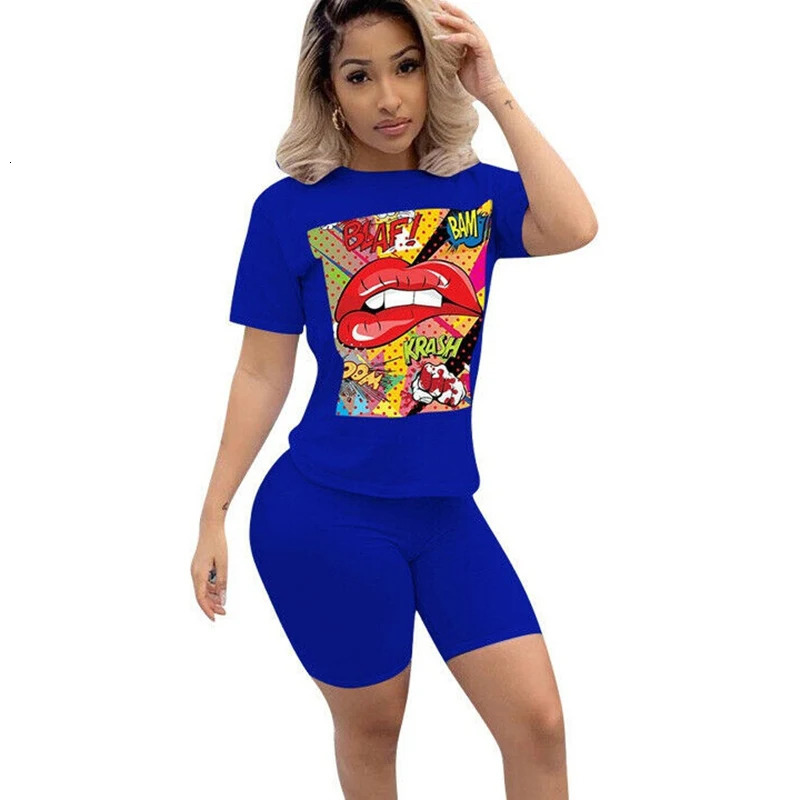 Summer Red Lip Printed Women Casual Two Piece Set Short Sleeve Tee Top Biker Shorts Above Knee Pants Suit Tracksuit Outfits 250303