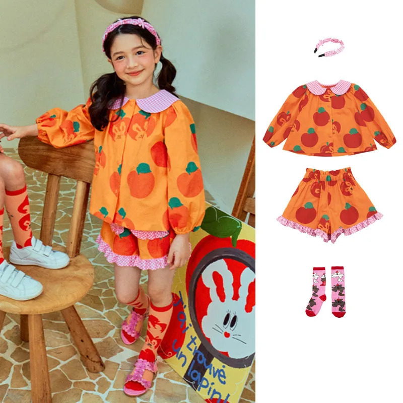 Girls Shirt Shorts Spring And Summer Printing Fashion Korean Doll Shirt Suit Cotton Sweet Cute Tops Childrens Clothing 250304