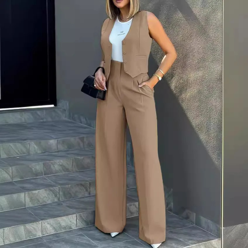 s crossborder foreign trade supply to Europe and America fashionable vest wide leg suit pants commuting set 250225