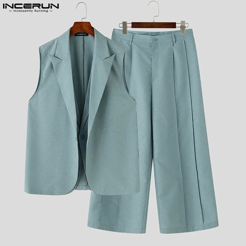 INCERUN Men Blazer Suit Notch Collar Sleeveless One Button Double Layer Blazer Vest And Solid Color Long Pants 2Pcs Pantsuit 250303