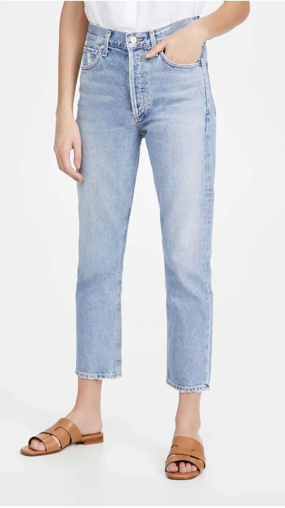 Women Fashion High Waist Light Blue Denim Pants Boyfriend Style Casual Straight Jeans